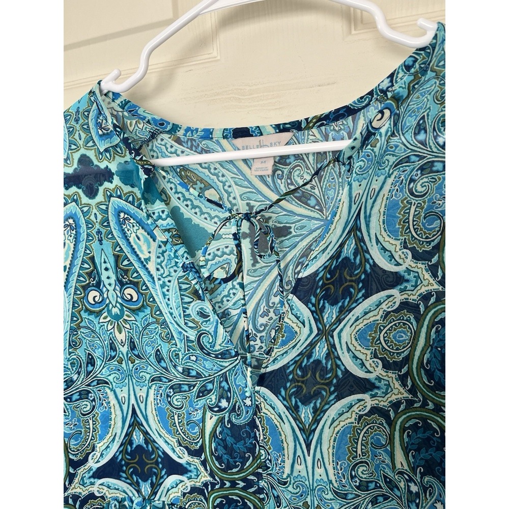 Belle Sky Sheer Ruffle Blouse Turquoise Paisley Womens M Whimsy Boho - Picture 5 of 9
